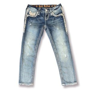 Rock Revival Denim Betty skinny crop size 25 distressed pink  & white stitching